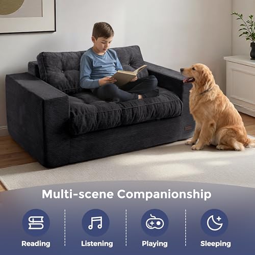 Image of MAXYOYO Loveseat Sofa Couch, Upholstered Bean Bag Chair Cloud Seat for Adults, Boneless Couch with Cushion & Pillows, Sofa in A Box, No Assembly Required, Corded Black, 2-Seat