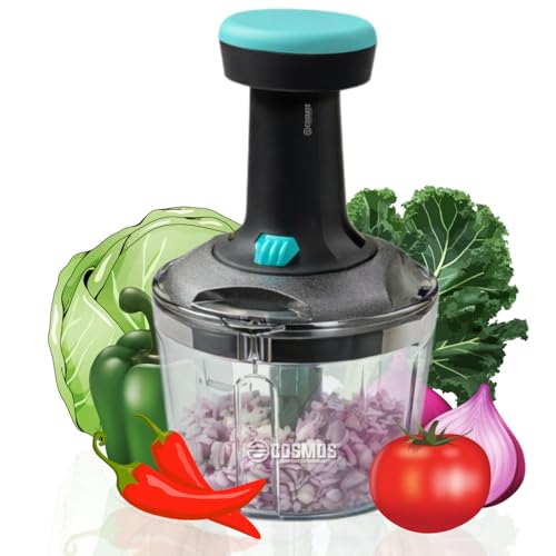 Image of E-COSMOS Manual Food Chopper, 900ml Hand-Press Vegetable Cutter & Mixer with 4 Stainless Steel Blades, Ideal for Onions, Salads, and Potatoes, Ocean Blue (Ocean Blue)