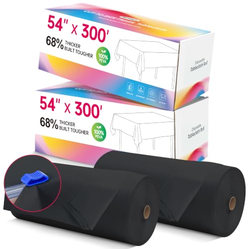 Image of 600FT X 54IN Plastic Table Cloth Disposable, Black Table Cover Roll