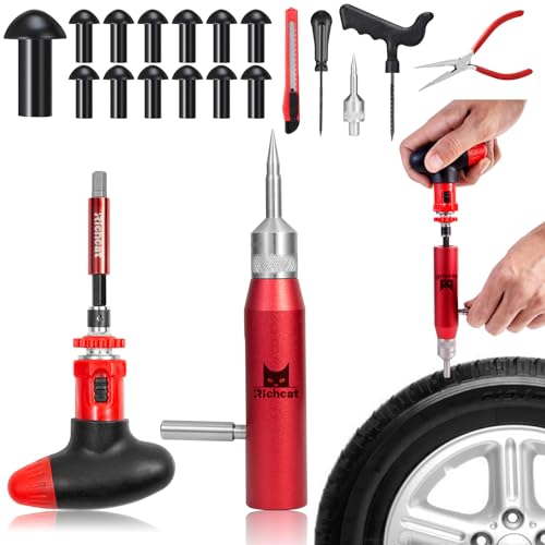 Richcat Tubeless Tire Puncture Repair Kit with Mushroom Plug, Repairs punctures and Flat Tires for Motorcycles, Cars, Trucks, ATVs and Tractors