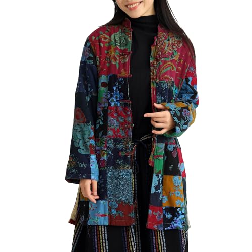 FioraMosaic Women's Boho Floral Patchwork Fleece-Lined Jacket, Warm Color-Blocked Plaid...