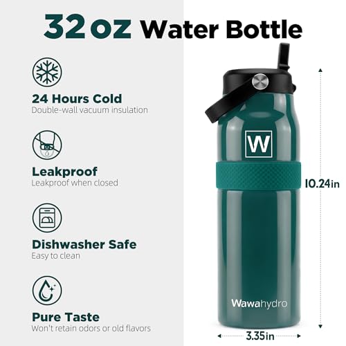 Image of 32 oz Insulated Water Bottle with Straw, Leakproof Stainless Steel Bottle with Handle, Non-Slip Silicone Sleeve, Internal Markings, Dishwasher Safe for Travel, Gym, Sports,Deep Teal