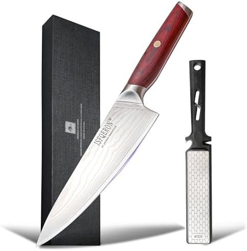 Japanese Chef Knife,8-Inch Damascus Chef Knife - Japanese VG10 High Carbon Stainless Steel, 67-Layer Hand-Forged Blade with Ergonomic Colorful wooden Handle -Gift Grindstone Included