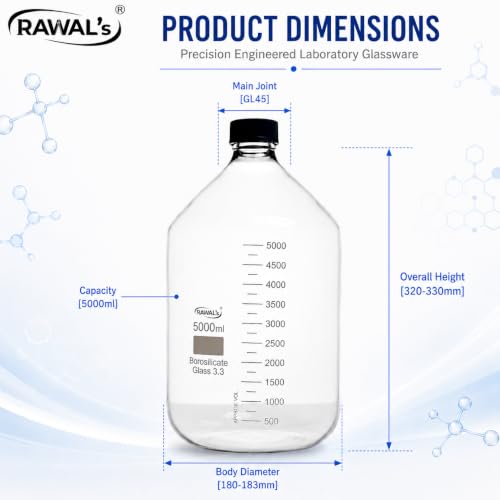 Image of RAWAL'S 5000ml Borosilicate Glass Reagent Bottle - Heavy-Duty Lab Bottle with Leak-Proof Screw Cap | Chemical Storage Container for Laboratory, Scientific, Industrial & Professional Use
