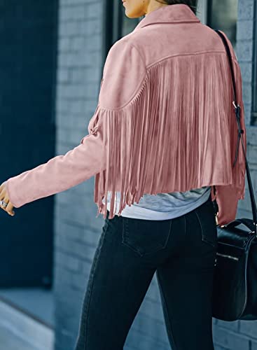 Lafouram Women's Fringe Jacket Suede Faux Leather Motorcycle Crop Tops Western Outfit For Cowgirl Light Pink Medium #TOP2