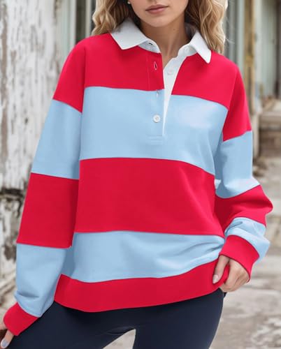 Women Striped Rugby Polo Sweatshirt Oversized Color Block Lapel Collar Long Sleeve Pullover Shirt Y2k Fall Clothes2