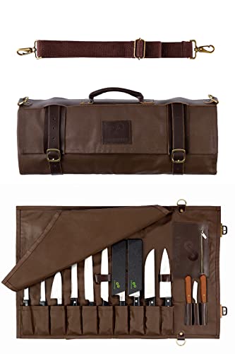 Waxed Canvas and Leather Chef Knife Bag by EVERPRIDE – Knife Roll Holds 10 Knives up to 18” PLUS Pocket for Kitchen Tools – Durable Knife Carrier for Chefs and Culinary Students – Knives Not Included
