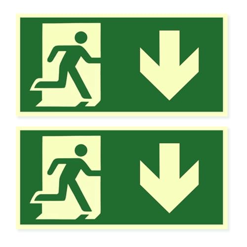 2er Set Notausgangsschild Nachleuchtend Selbstklebende fluchtwegschilder nachleuchtend aus PVC für Innen- und Außenbereiche Langes Nachleuchten Hohe Helligkeit(30x15 CM Pfeil Unten)