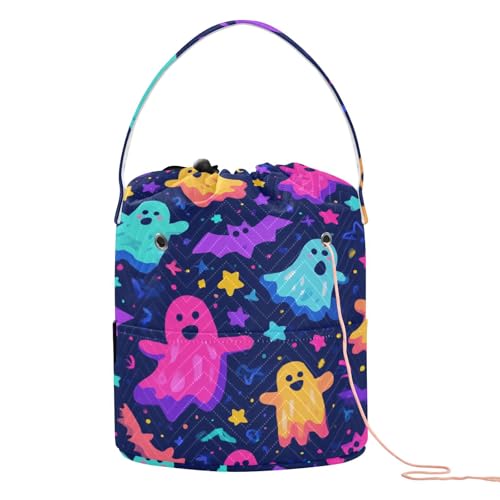 Image of ElliTarr Crochet Bag Yarn Bag with Handle Portable Knitting Project Bag Travel Yarn Storage Organizer Holder Case Neon Halloween Ghosts Stars Bats