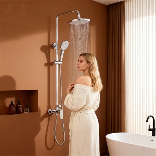 STANEW Colonne de Douche Mécanique, Ensemble Douche avec Tête Ronde et Manchette ABS à 3 Jets, Colonne de Douche pour Salle de Bain,...
