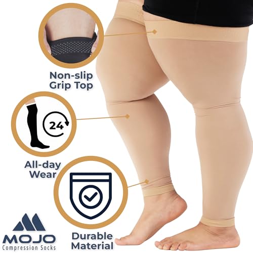 Image of Mojo Compression Socks - 20-30mmHg Graduated Support Thigh-Hi Leg Sleeves with Grip Top - Reduces Swelling, Ideal for Varicose Veins, Lymphedema, DVT Treatment - 1 Pair | Grip top, unisex, supports circulation, varicose veins, swelling, lymphedema, pregnancy, nursing, travel, post surgery, A609