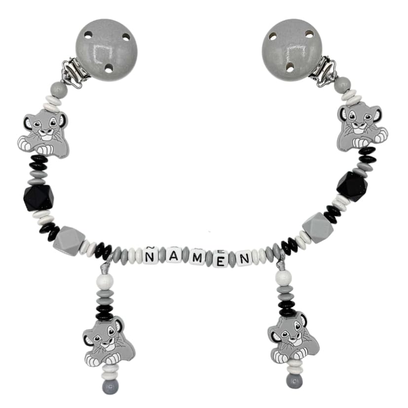 Generisch Set Nuckelkette + Kinderwagenkette mit Namen LÖWE Hellgrau Weiß Schwarz/Baby/Unisex/Personalisiert/HANDMADE
