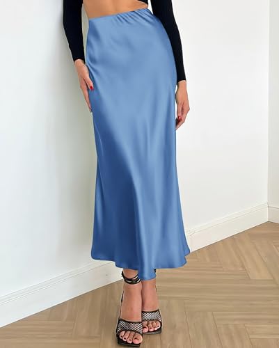 Image of BTFBM 2026 Summer Womens Skirts Silk Elegant High Waist Flowy Long Satin A-Line Midi Skirt Cocktail Wedding Party