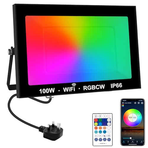 T-SUNUS Smart LED RGBW Floodlight Outdoor 100W, Colour Changing Flood Light IP66 Waterproof, WiFi Floodlight APP Control with Timing, Halloween Lights Outdoor, for Party Deck Stage dj Garden