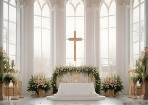 XMJJKUF Jesus Cross Easter Backdrops for Church 10x7ft White Church Wedding Flowers Photography Background for Religious Easter Party European Luxurious Baptism Bridal Banner Photo Props Vinyl