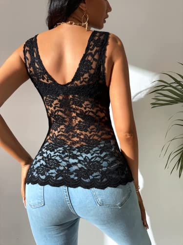 OYOANGLE Women's Sleeveless Mesh Floral Lace Scallop V Neck Backless Tank Top Blouse2