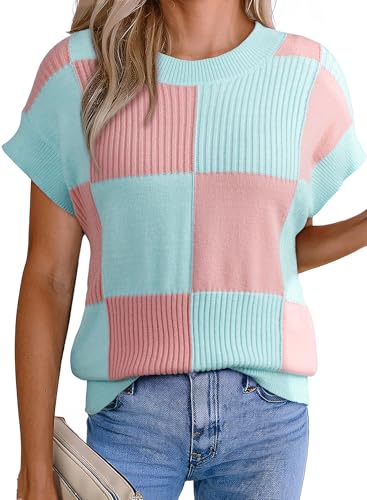 EVALESS Short Sleeve Sweater for Women Knit Tank Top, Light Pink, X-Large
