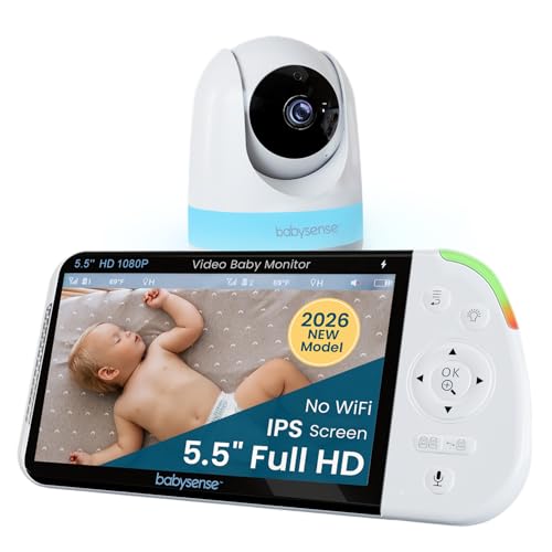 Babysense PRO Non-WiFi Full HD Split-Screen Baby Monitor with 1 PTZ Camera Night Vision Two-Way Talk 6-Color Night Light 5000mAh Battery Long Range 4x Zoom and Crystal-Clear Audio