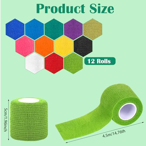 CIOXSOIO 12 Rollen Selbstklebender Verband 5cm x 4,5m, Haftbandage Selbstklebend, Vliesstoff Selbsthaftende Bandage, Elastischer Binden Verband für Stretch Sportler, Handgelenk, Knöchel, Pet