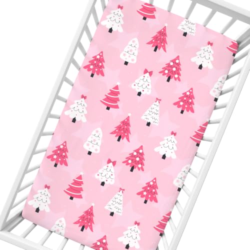 Image of Cloele Christmas Fitted Crib Sheet for Baby,Pink Bow Trees,52x28in