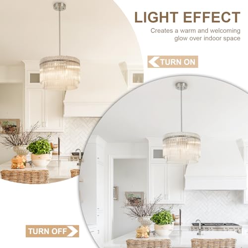 Image of 15.44 inch Drum Chandeliers Dining Room Brushed Nickel 6-Lights | Modern Round Glass Chandelier with Crystals for Living Room Kitchen Island Entryway Foyer Stairway Light Fixture