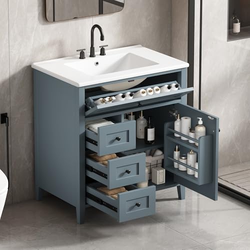 Image of 30 inch Bathroom Vanities with Top Set, Cabinet with Multi-Functional Tip-Out Drawer and Adjustable Shelf, Soft-Closing Door, Solid Wood Legs, Blue Gray