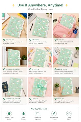 Image of Multi Color A4 Paper File Folder with Button Lock | Unicorn Theme Certificate Holder with 4 Pockets | Expandable Office Document File | (Sent Randam Color & Degsin) (Green (Horse))