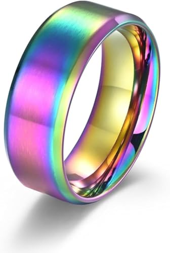 Image of El Regalo Solid Stainless Steel 6mm Plain Classic Band Ring Comfort-Fit for Men Women- Anti Tarnish /Waterproof Plain Dome Stacking Simple Rings Bands Thumb Finger Ring (Rainbow Holographic, 18)