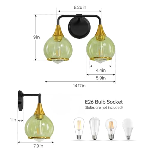 Image of Black and Gold Bathroom Vanity Light 2-Lights Bathroom Light Fixtures Over Mirror with Green Clear Glass Shade 14 inch Wall Sconce Lighting Bath(Exclude E26 Bulb)