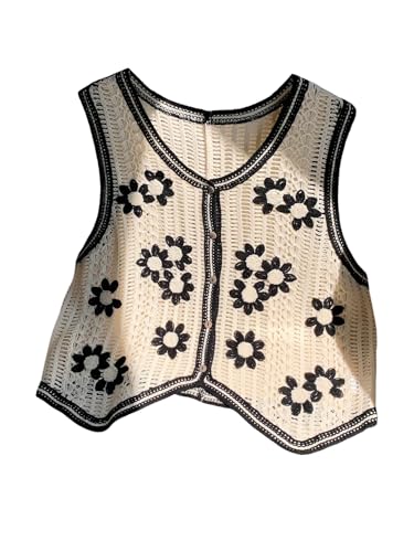 Image of Verdusa Women's Sweater Vest Button Front V Neck Sleeveless Crochet Plaid Checkered Knit Sweater Vest