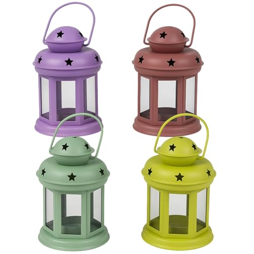 Marrakech Juego de 4 portavelas vintage decorativas, 13 cm, de metal y cristal, mini farolillos como decoración de mesa, salón, portavelas, multicolor, para balcón, terraza y jardín