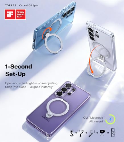 Image of TORRAS Q3 Spin for Samsung Galaxy S26 Ultra Case with Kickstand, Strong Magnet, Slim Hard PC Protective S26 Ultra Clear Back Cover with 360 Magnetic Stand, Transparent Clear