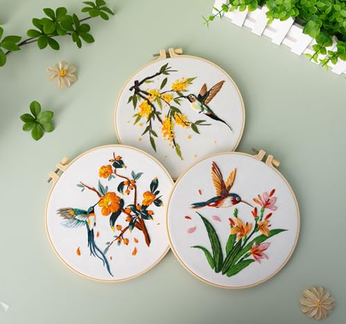Image of GLTAYLMY 3 Pack Embroidery Kits for Adults, Hummingbird and Flower Embroidery Kit for Beginners with Clear Instructions,1 Plastic Embroidery Hoops, Stamped Patterns, Colorful Threads, Tools