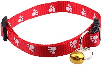 Image of RvPaws Dog, Puppy, Cat & Kitten Buckle Paw Print Adjustable Pet Collar with Bell, X-Small Size 10 MM Nylon Collar Paw Printed Belt for Neck (Red)