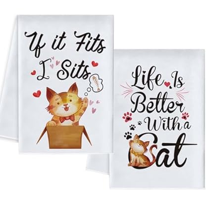 Vspek Katze Küchentücher Geschirrtücher Baumwolle, 2er Set Trockentücher Küche Badezimmer Dekorative, Saugstarke Weiche Geschirrhandtücher Geschenke für Frauen Katzenliebhaber 45 * 66cm