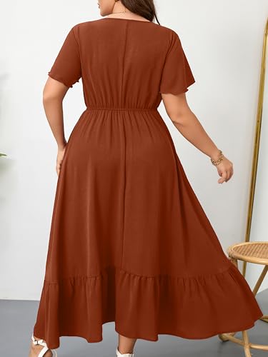 Image of RWJ Women Plus Size Maxi Dress V Neck Short Sleeve Button Trim Split Flowy Tiered Casual Long Dresses 2025 L-3XL