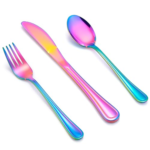 E-far 6-Piece Kids Silverware, Stainless Steel Toddler Utensils Safe for Preschooler/Children, Includes 2 Forks 2 Spoons 2 Knife, Slimline Adult Look & Small Size, Rust Free & Mirror Polished-Rainbow