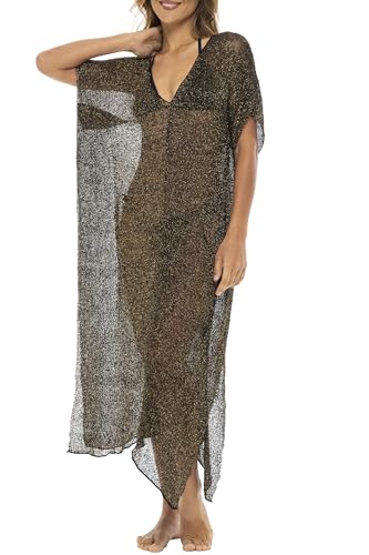 Back From Bali Womens Sheer Long Swimsuit Cover Up Sexy Pullover Metallic Mesh Knit Beach Poncho