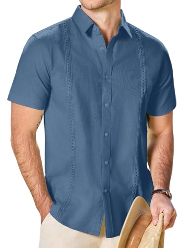 JEMLDL Mens Guayabera Cuban Shirt Cotton Linen Short Sleeve Button Down Light Collared Casual Business Wedding Outfits Navy Blue L