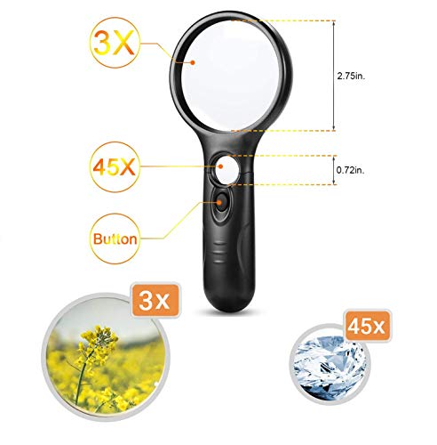 Lupa portátil com 3 lupa iluminada com LED 3 Lente de microscópio 45X Lupa de relógio de joias Lupa