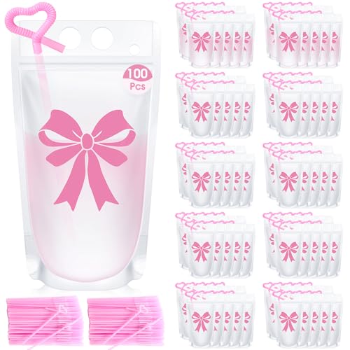 100 Sets de Bolsas para Beber con Lazo Rosa y Popotes miniatura 1