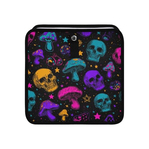 Image of Car Trash Can Organizer Bin with Adjustable Strap for Back Front Seat Console Waterproof Leakproof Collapsible Portable 8.66 Inch Neon-colored Skulls Stars Mushrooms