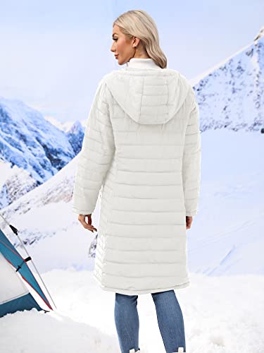 Fangetey Womens Winter Lightweight Hooded Coat Long Sleeve Warm Zipper Outwear Casual Mid Length Quilted Jacket White Large #TOP3