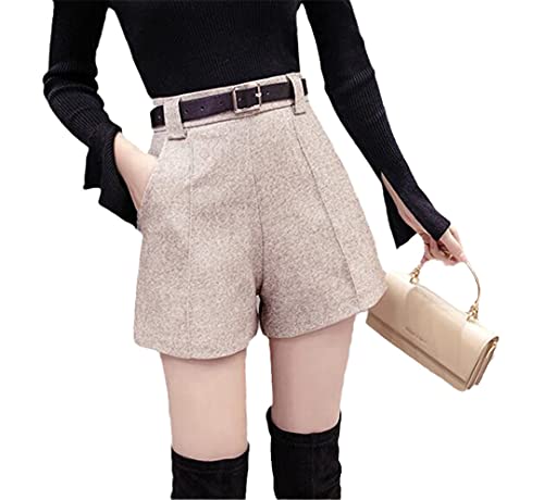 Pokem&Hent Otoño e invierno pantalones cortos de lana de las mujeres con cinturón de cintura alta grueso pantalones cortos de pierna ancha, Gris, M Pantalones Cortos Cover