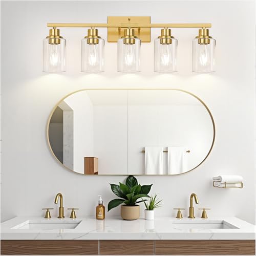 Image of Indoi 5-Light Bathroom Light Fixtures, Brushed Gold Modern Vanity Lights with Clear Glass Shades, Bathroom Wall Lamp for Mirror Living Room Cabinet Bedroom Porch