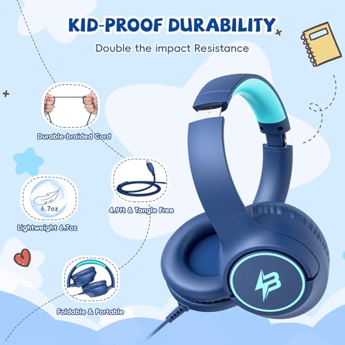 Image of USB C Headphones Wired for Kids, 85 /94dB Volume Limit With Mic, Navy Blue | Kid Headphones for School, Wired Over Ear USBC Plug in Corded Headphones for Boys Girl Toddler, iPad, Tablet, Airplane Travel