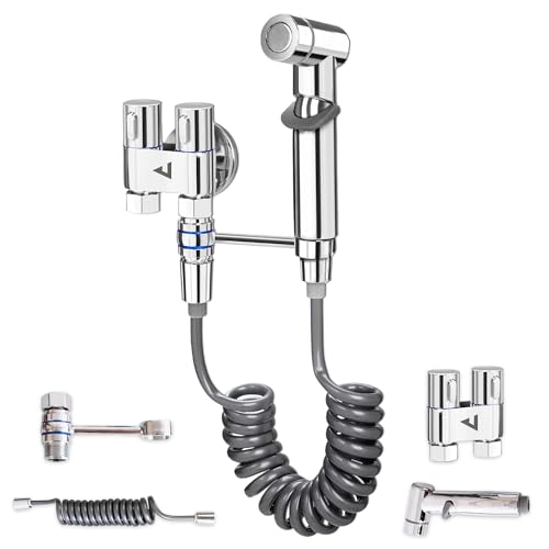 JUPPLIES Grifo Bidet para WC + Valvula de Control de 2 Vias + Manguera y Soporte - Duchas Higienicas para WC para la Higiene Personal - Rociador de Bidé de Mano - Ducha Bidet Baños (Grifo + Válvula)