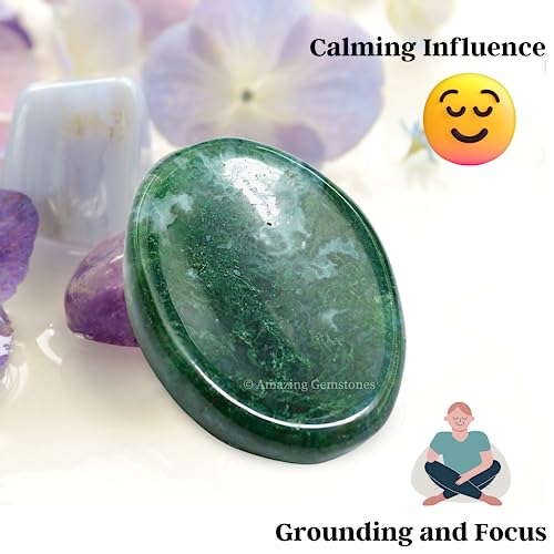 Image of Amazing Gemstone Moss Agate Worry Stone Crystals and Healing Stones - Worry Stones for Stress Relief Gifts - Piedra Crystal Fidget for Meditation, Calming, Relaxation