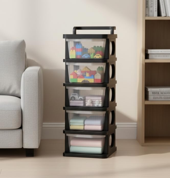 Image of 5 Tier Plastic Storage Drawer /Spacious Organizer with Handle| Modular Storage Rack for Home /Kitchen /Office | Black