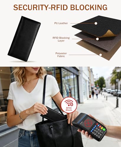 Image of Immaturus Womens Wallet, Blue Black Slim Thin RFID Blocking Credit Card Wallets, Long Bifold PU Leather Card Holder Organizer, Cute Cash Clutch Billfold with Zipper Coin Pocket Ladies Girls Gift